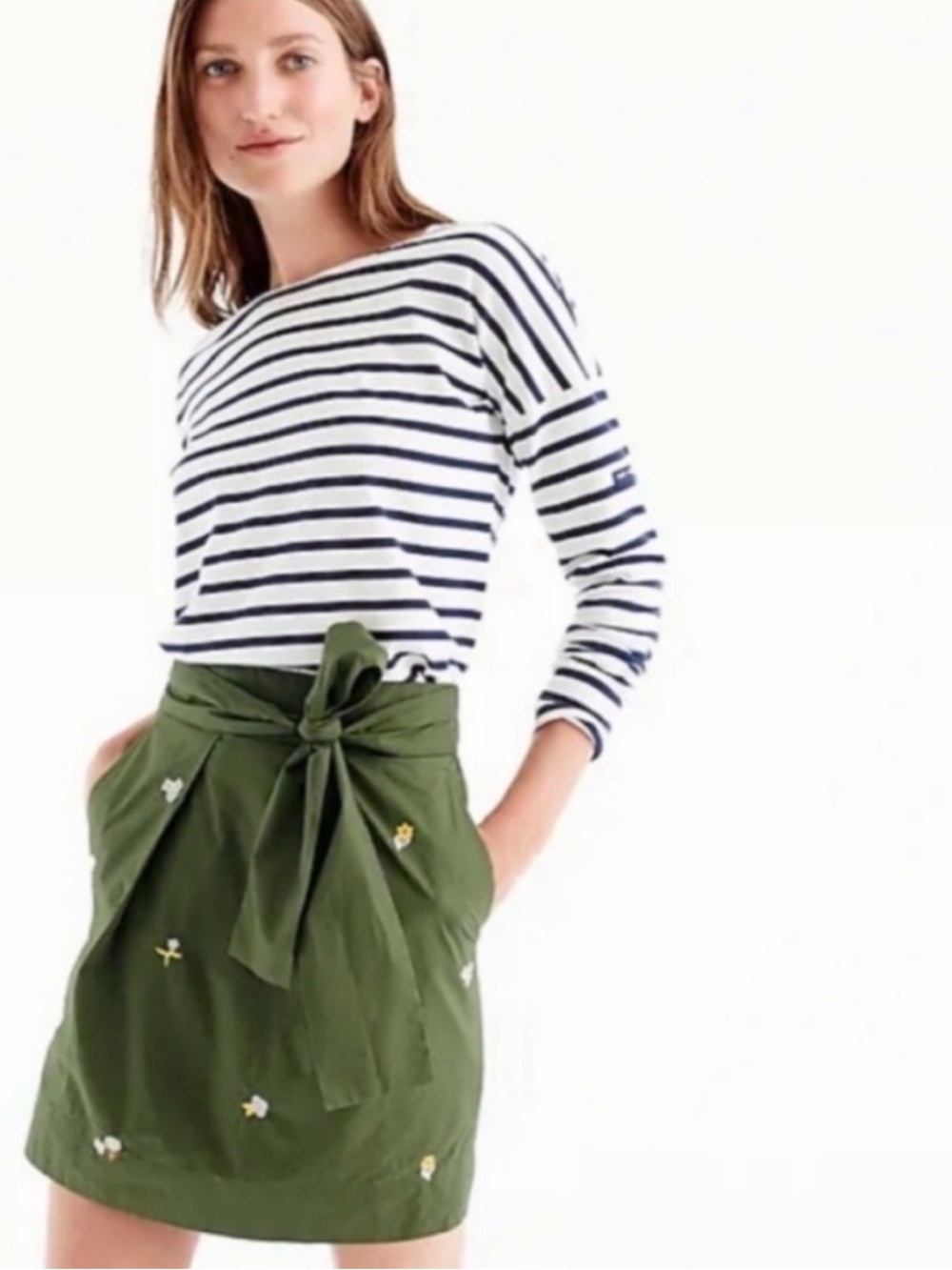 J. Crew Olive Green Tie-Waist Embroidered Mini Skirt Pockets Preppy 100% Cotton